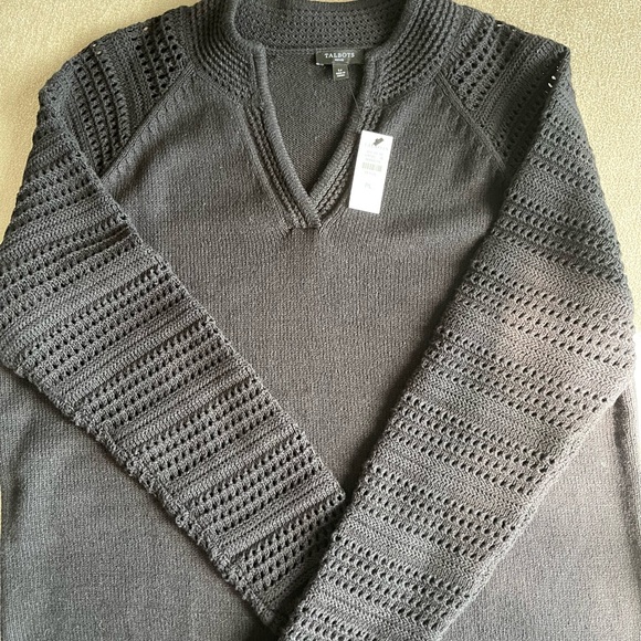 Talbots black V-neck pullover sweater, Crocheted sleeves. Size LP. Never worn - Picture 2 of 2